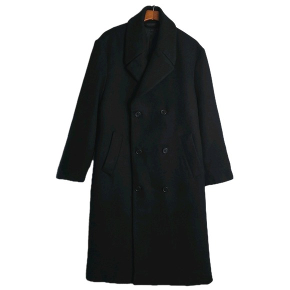 ZARA Mens Black Long Wool Blend Double Breasted Trenchcoat Overcoat Executive